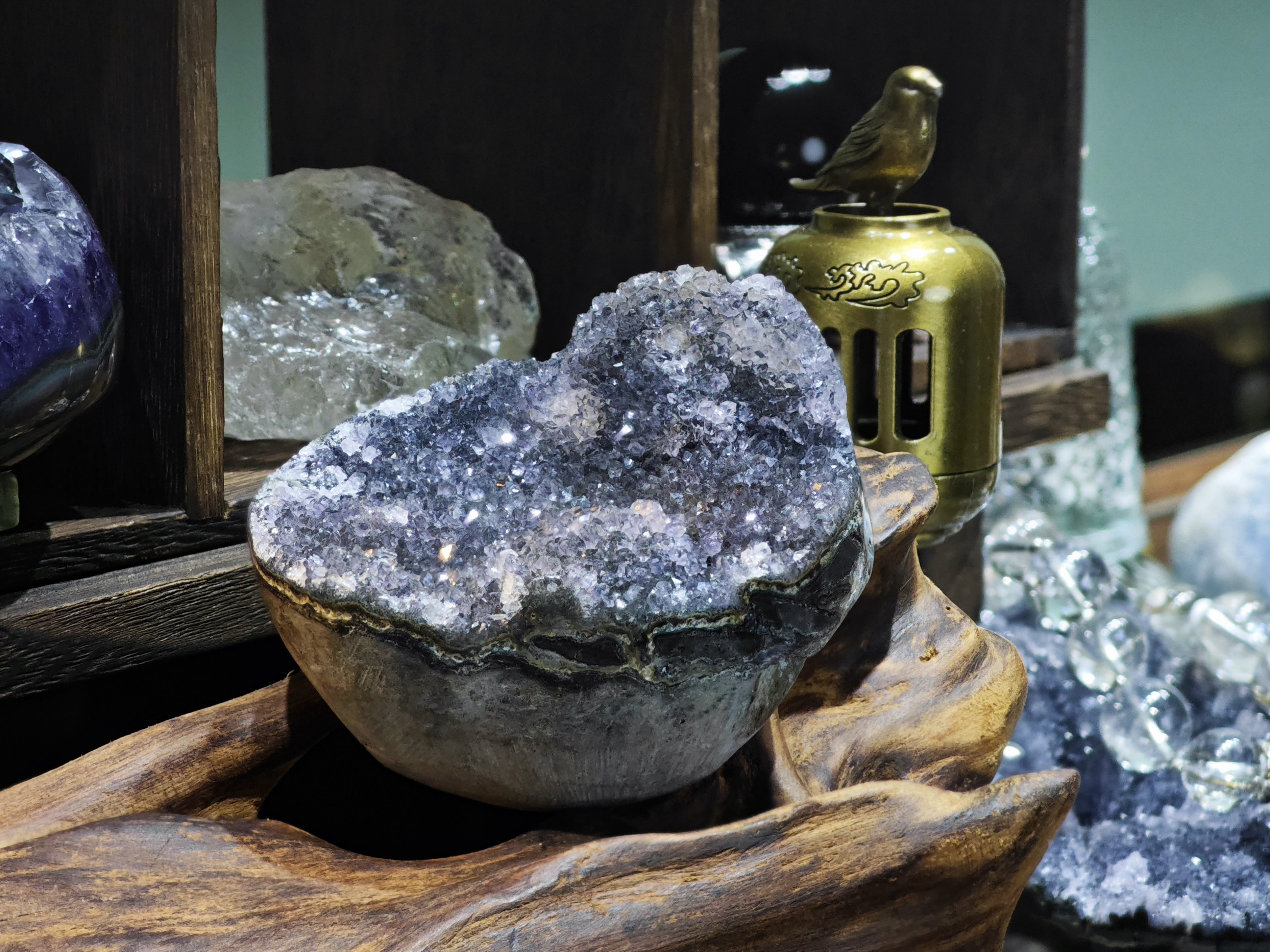 【半壁江山】天然紫绿水晶带方解石原石水晶石消磁净化吸米米摆件