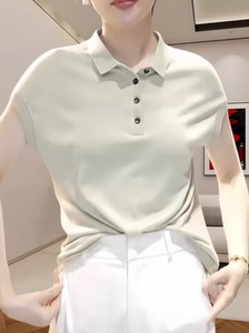 polo领短袖针织衫女夏季显瘦宽松简约纯色小众薄款T恤气质上衣女