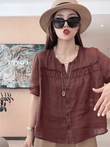 大码宽松木耳边短袖女夏季新款圆领单排扣棉麻衬衫遮肉显瘦上衣