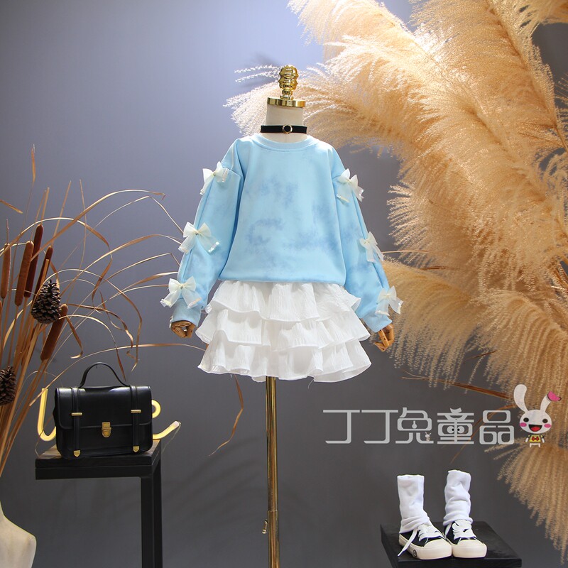 欧美女童装春秋季休闲扎染蝴蝶结卫衣韩版中大童新品时尚洋气T恤