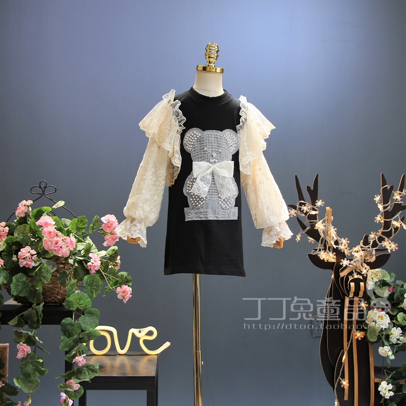 欧美女童装春秋季公主网纱珍珠小熊连衣裙韩版中大童时尚洋气裙子