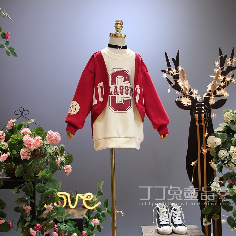 欧美女童装春秋季休闲印花假两件卫衣韩版中大童新品洋气亲子T恤