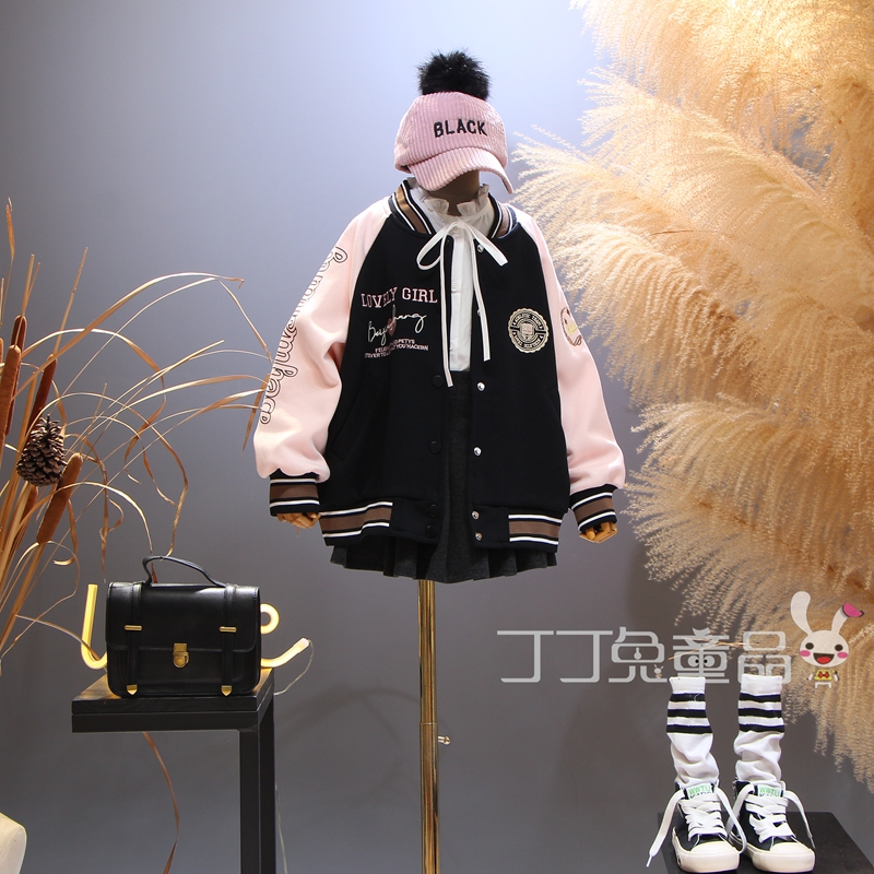 欧美女童装春秋季字母刺绣撞色棒球外套韩版大童休闲洋气百搭开衫