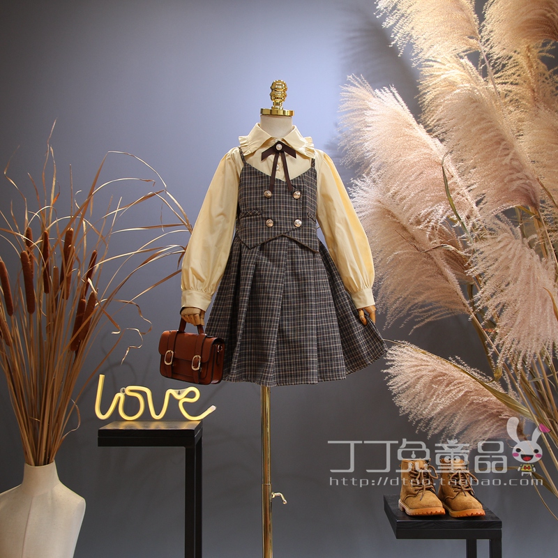 欧美女童装春秋季英伦风衬衣格子背心套裙韩版中大童时髦公主两件