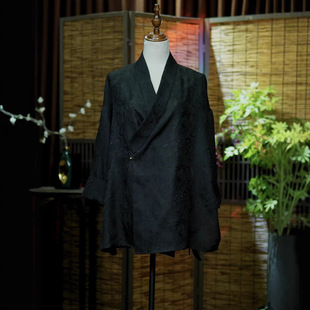 短外套透气舒适上衣 香云纱四径角罗墨色暗纹斜襟开衫 四径角罗