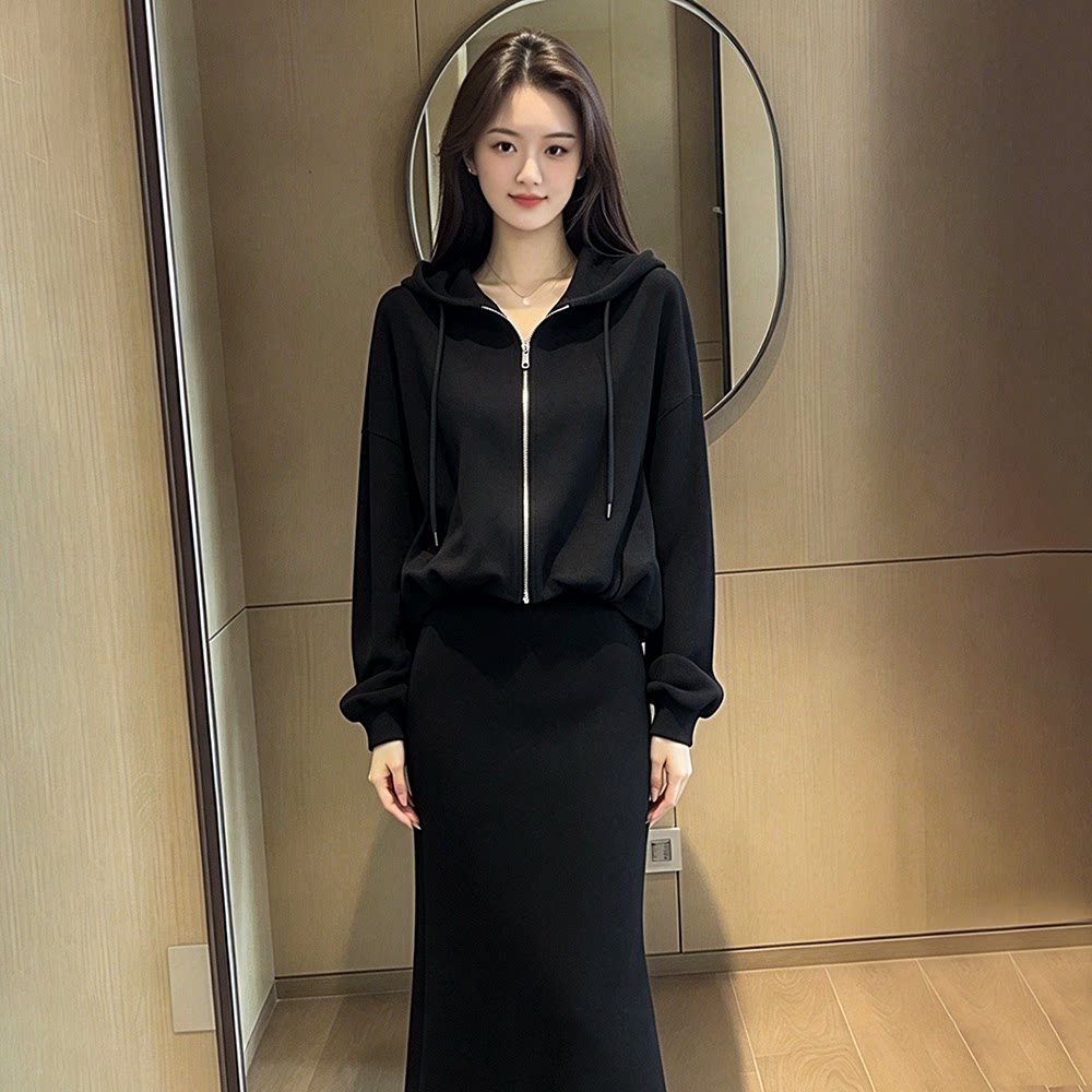 秋季女连帽卫衣拉链两件套长裙