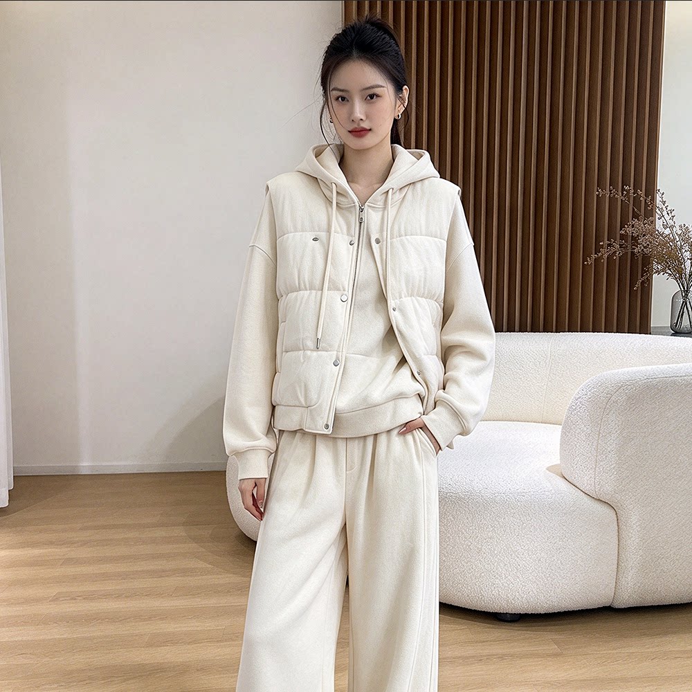 2026新款休闲运动套装女冬三件套加绒加厚大码卫衣胖mm马甲阔腿裤