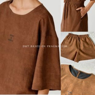 天花板面料红云纱短袖短裤100%桑蚕丝香云纱龟裂纹肌理感休闲套装