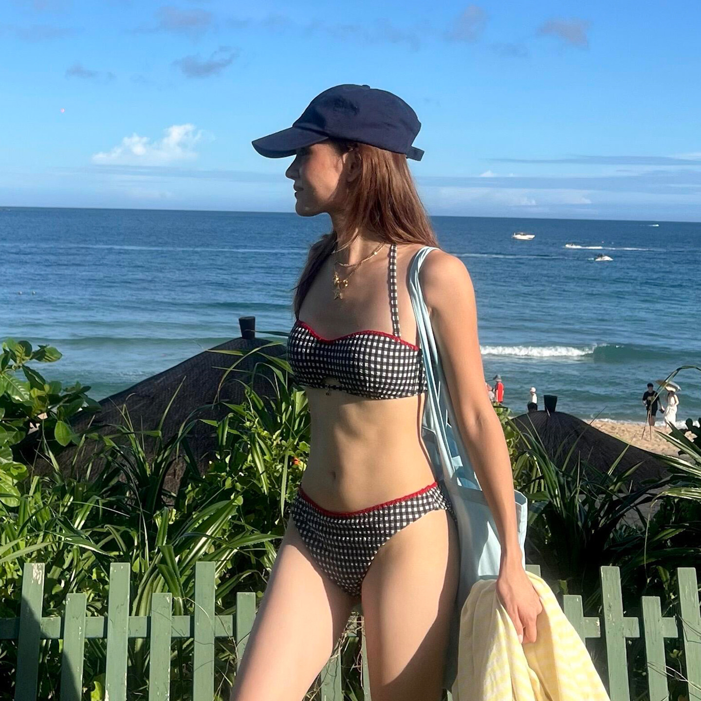 大渔 博主同款性感度假风黑白格子比基尼小胸两件套海边泳衣女