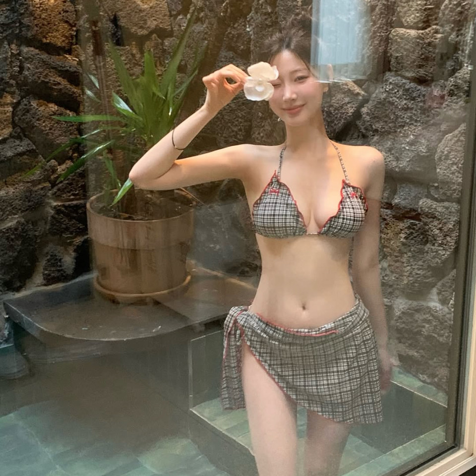 大渔 甜欲格子日系裙式挂脖比基尼少女蝴蝶结海岛度假温泉泳衣女