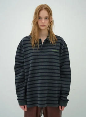 韩国小众品牌 OVERDUEFLAIR2025秋条纹翻领长袖T恤娜娜