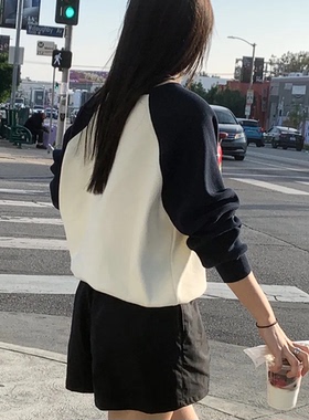韩国正品直邮撞色插肩袖针织衫女黑白拼色百搭气质上衣