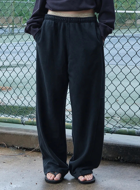韩国代购low正品直邮简约松紧腰宽松休闲裤女黑色阔腿长裤显瘦