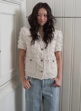 韩国正品直邮langer小香风上衣外套女春季流苏毛边高级感气质上衣