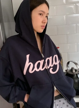 韩国直邮正品设计师品牌haag休闲字母拉链连帽卫衣外套