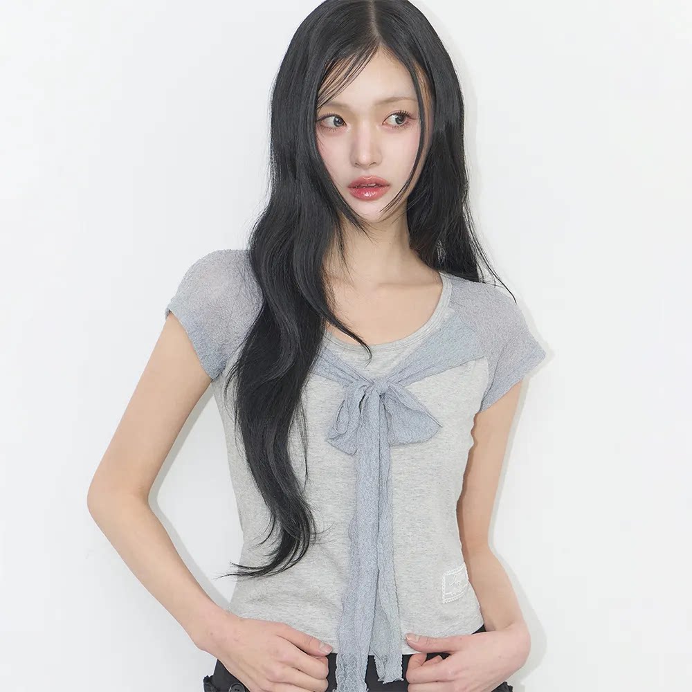 韩国代购直邮ILLIGO蝴蝶结飘带短袖T恤女修身休闲百搭少女感上衣图片