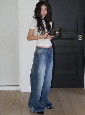 韩国正品代购直邮LANGER美式复古风低腰阔腿牛仔裤女显瘦拖地裤