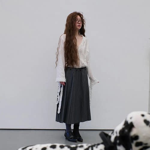 韩国代购直邮FRECKLE复古世纪百褶半身裙女中长款灰色拼接中腰