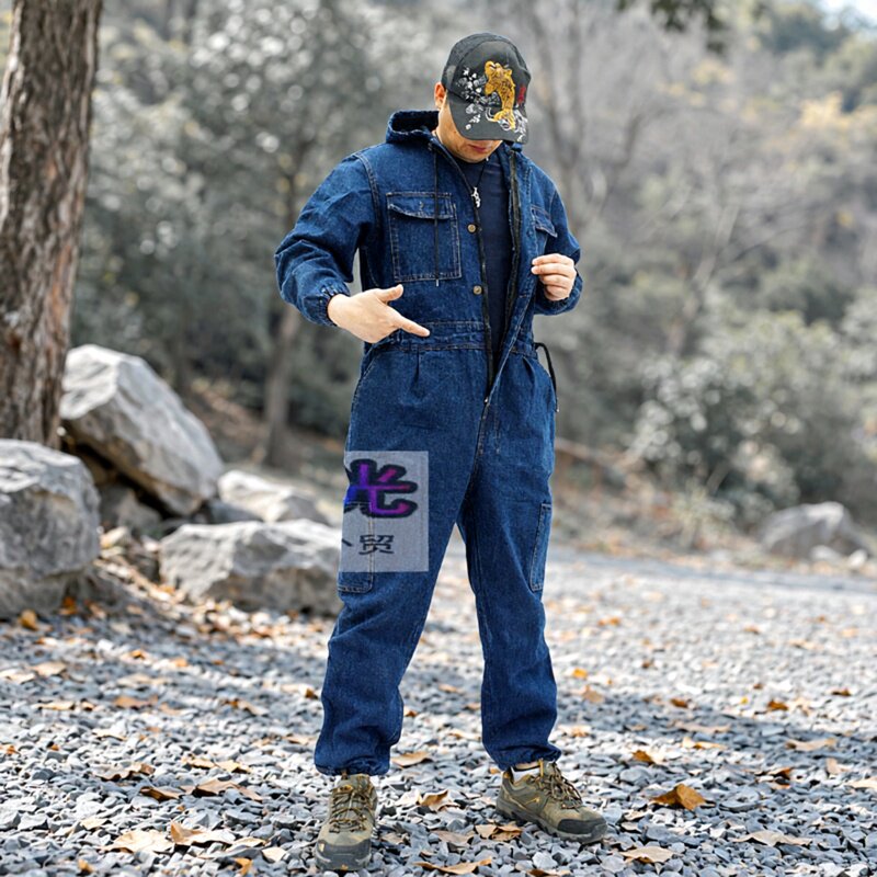 加厚带帽连体工作服牛仔套装男汽修劳保工装防尘电焊机修宽松大码