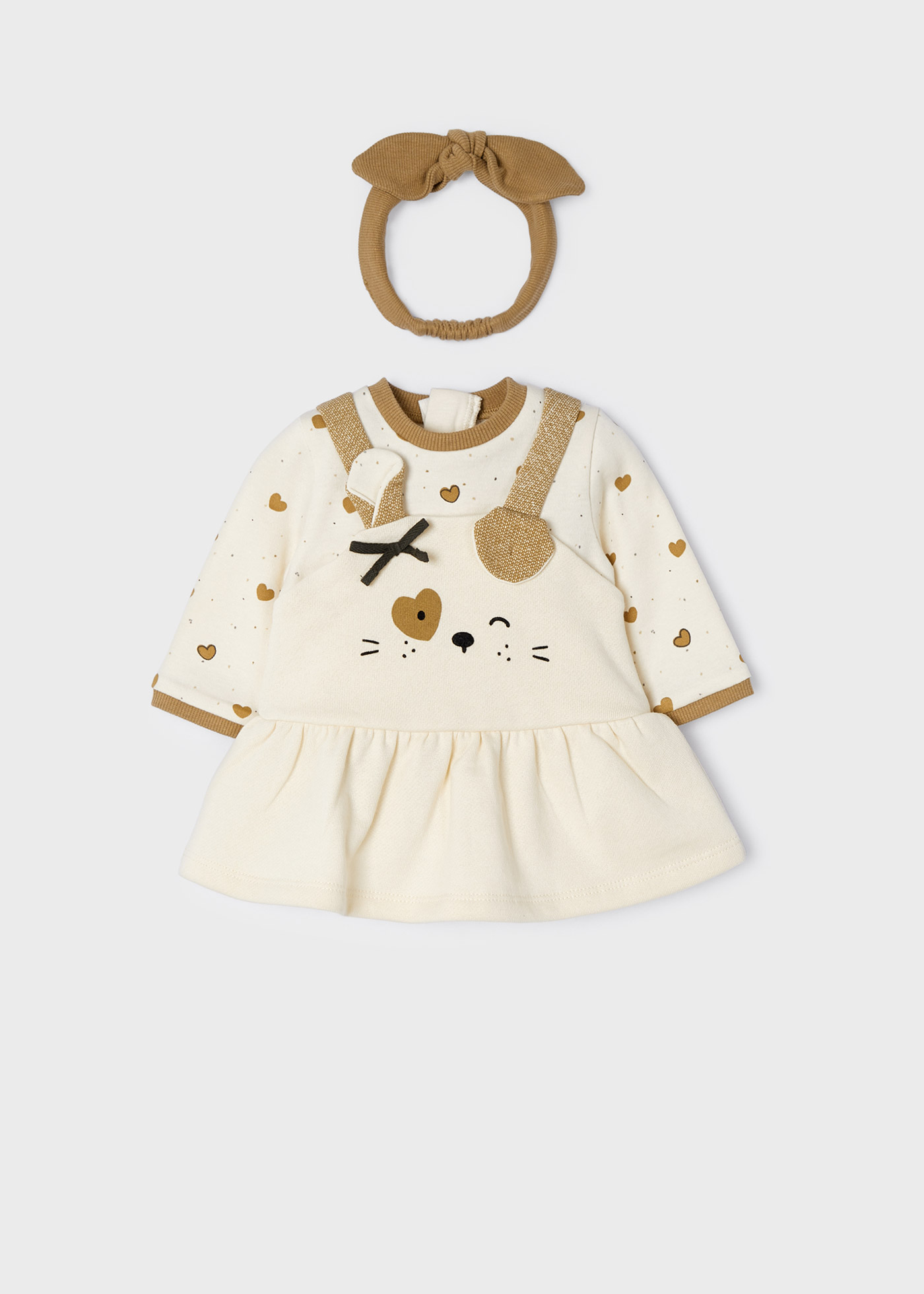 现货西班牙mayoral麦悠女婴春秋季蝴蝶结动物周岁连衣裙发带套装