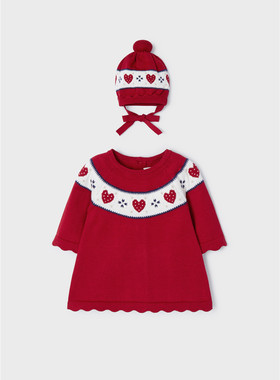 现货西班牙mayoral麦悠女婴秋冬公主纯棉针织周岁连衣裙帽子套装