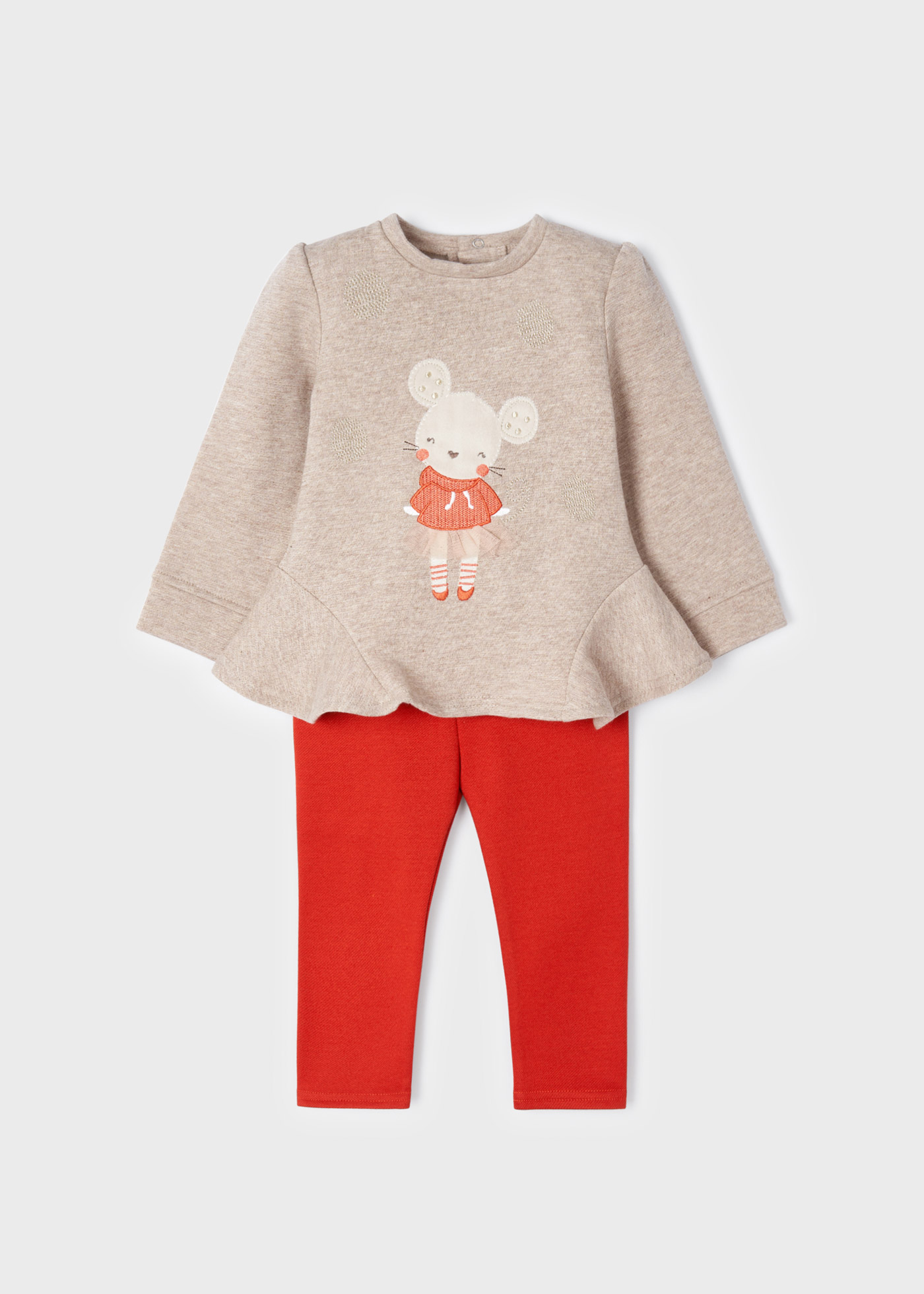 现货西班牙mayoral麦悠幼小女童秋冬可爱老鼠刺绣卫衣打底裤套装