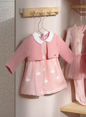 现货西班牙mayoral麦悠女婴春秋装假两件粉色天鹅针织周岁连衣裙