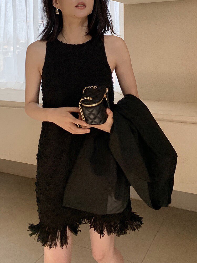 女神风流苏无袖黑色小裙软呢小香编织背心连衣裙 高定小黑裙女