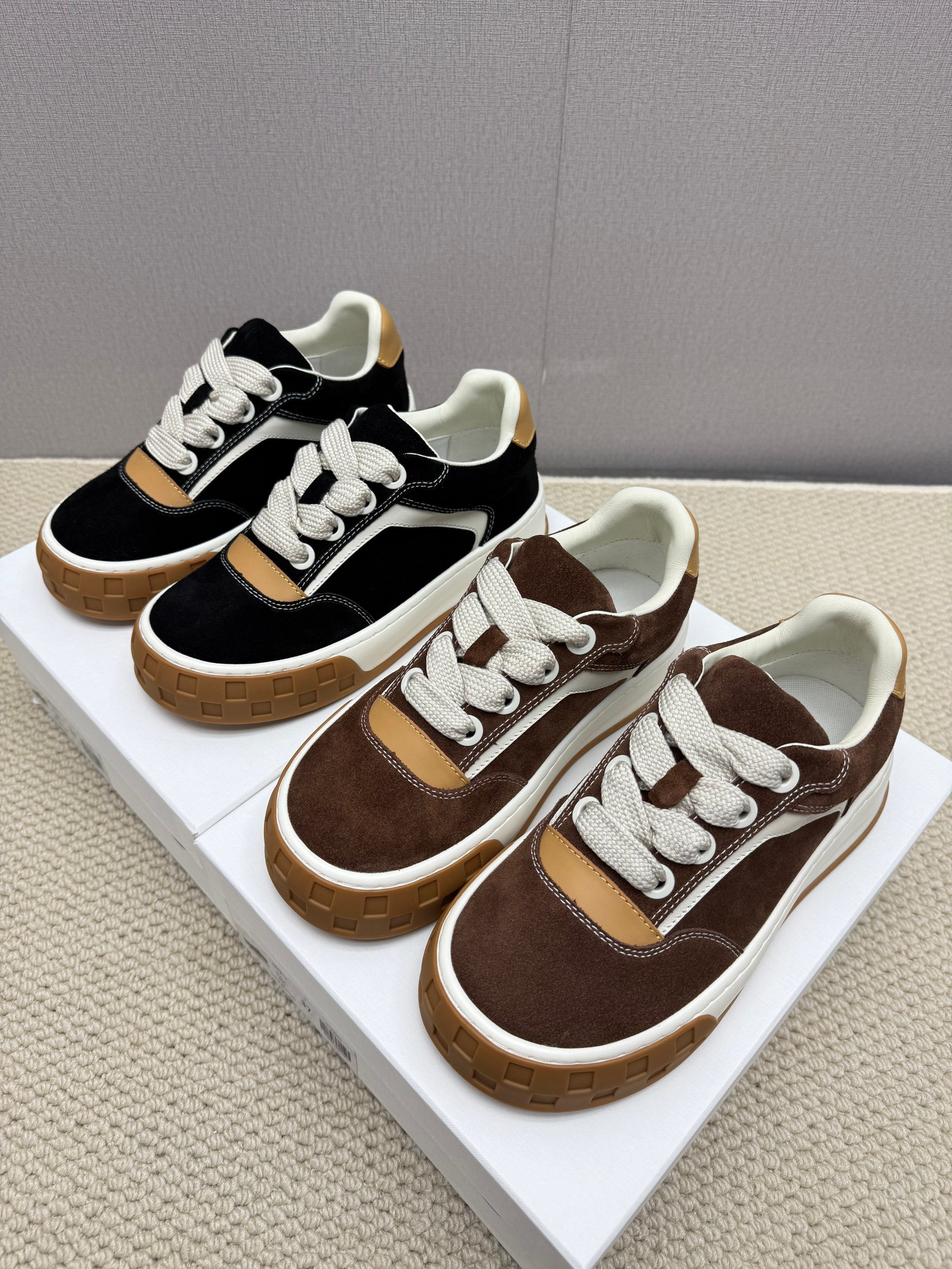 新品真皮系带拼色厚底增高复古饼干鞋休闲运动鞋舒适圆头女鞋子