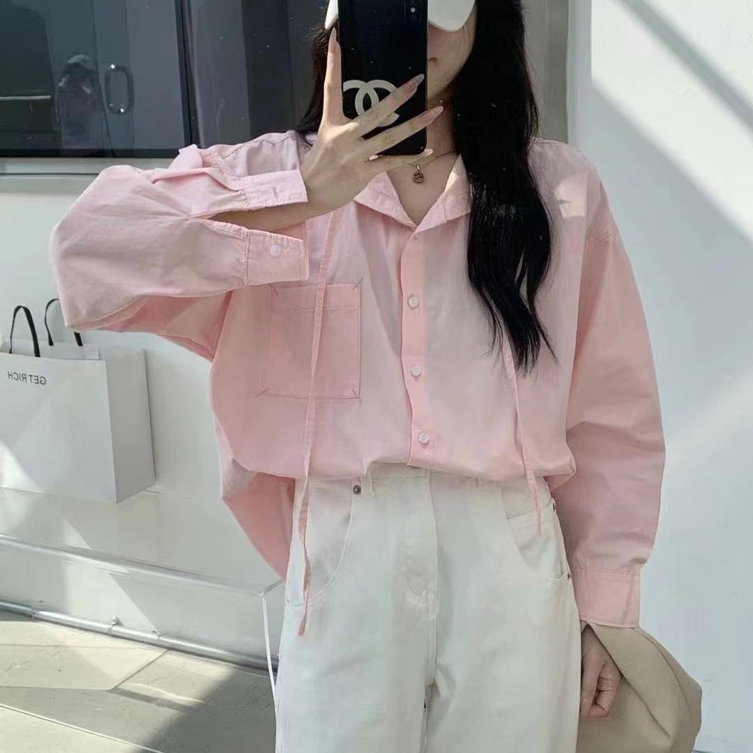 韩版拼接外套长袖蓝色衬衫防晒夏季条纹衬衣中长款连帽白色