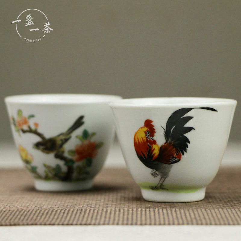 陶瓷仿古风老厂货花鸟茶杯