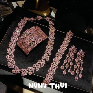 珠宝莫桑比克粉水滴宝石项链 璀璨瑰丽满镶水滴锆石手链 耳环套装