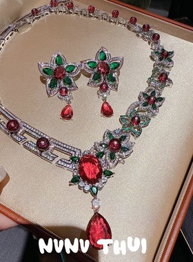 NVNV ACC 宫廷鸢尾花红宝石水滴项链 高定晚宴珠宝 花朵耳环套装