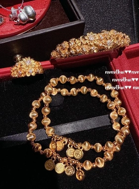 古法金色 錾雕繁花锦簇宝石花瓣手镯 新中式 拉丝猫眼手串 套装