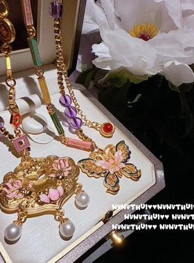 古法花丝锦鲤花牌堇青石珐琅铜钱紫水晶项链新中式芍药花蝴蝶项链