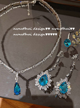 璀璨发光海蓝水滴宝石项链 镀18K金雪花微镶锆竹节星河项圈 爱心