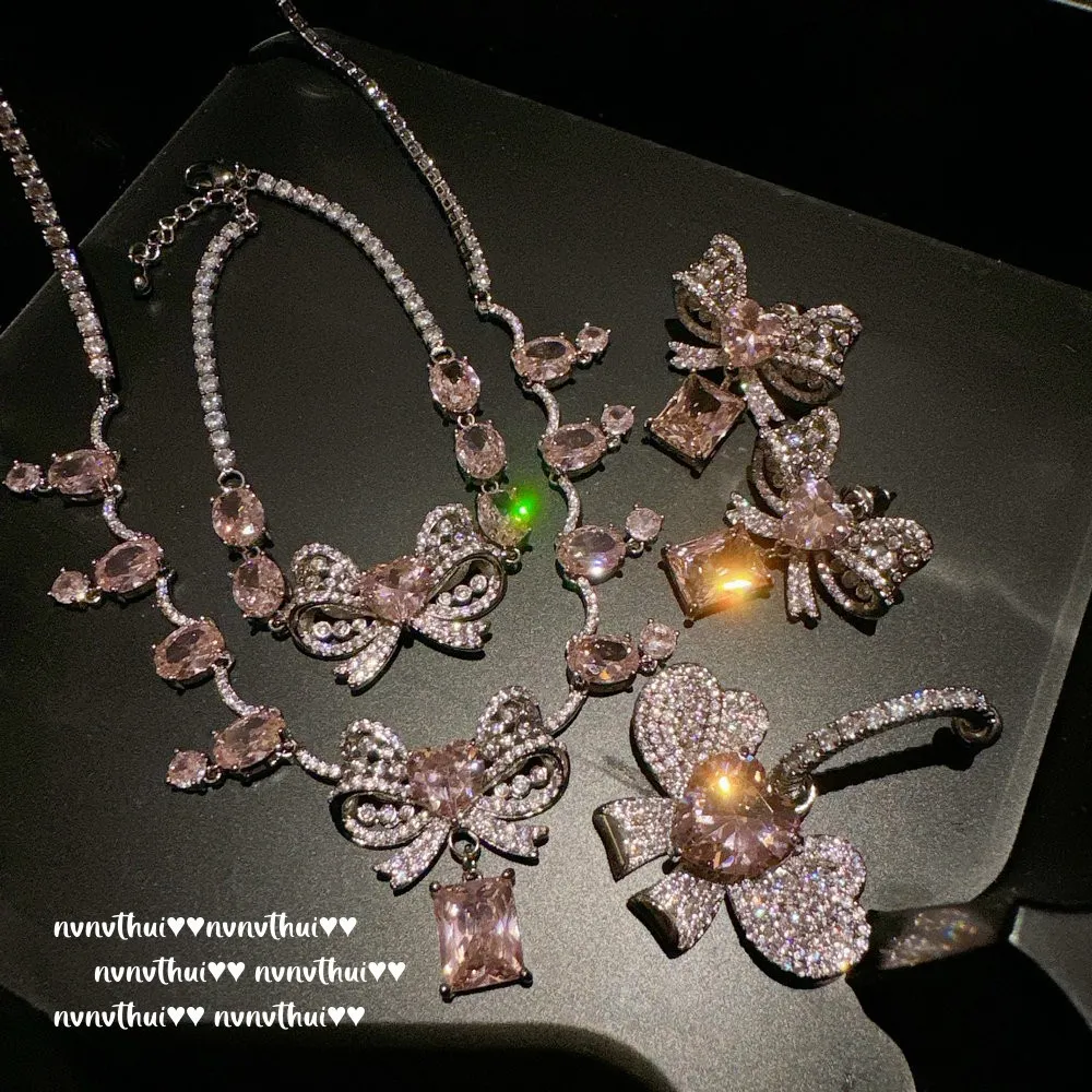 奥地利宫廷蝴蝶结宝石项链 Vintage镀18K金 阿盖尔粉蝴蝶锆石手链