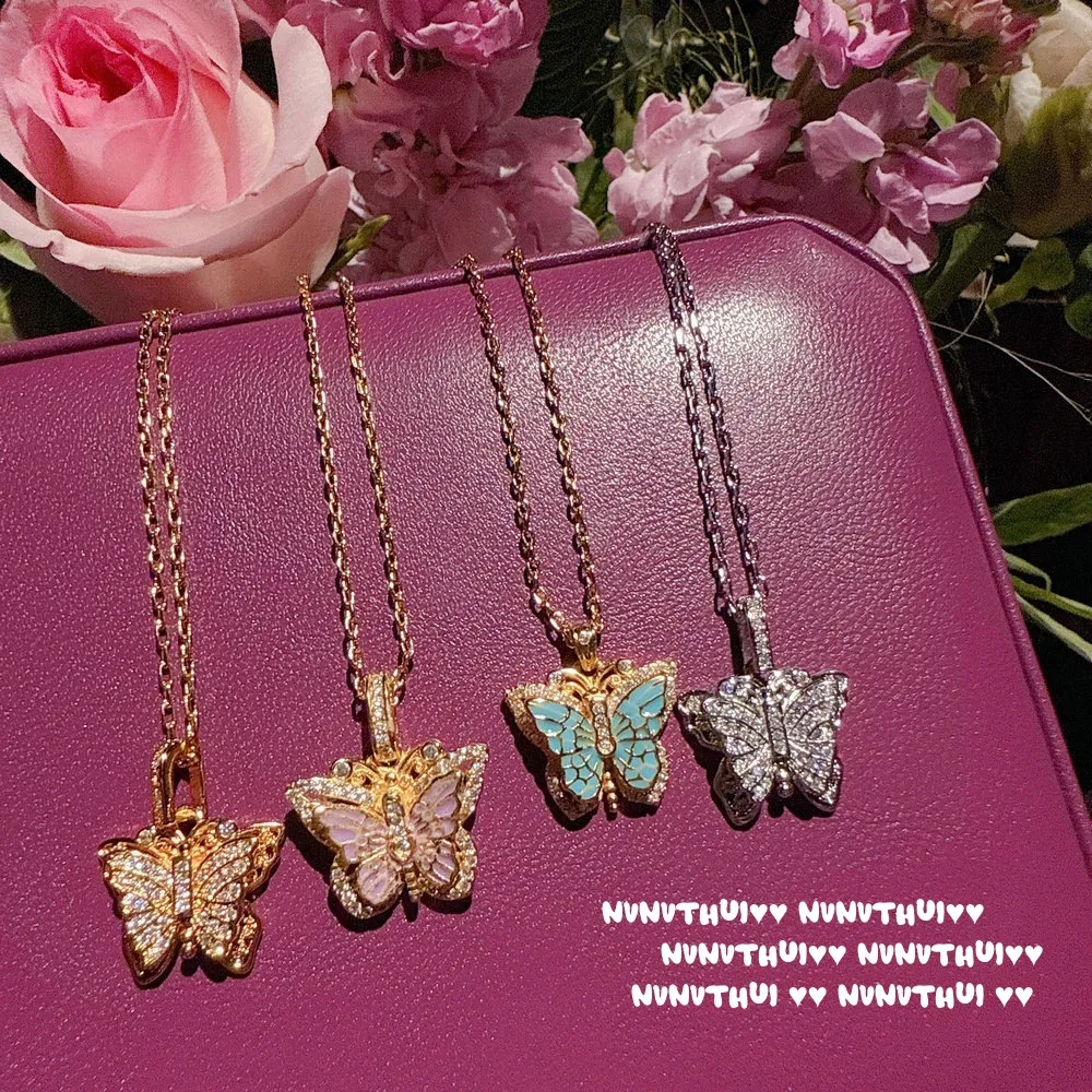 古法花丝珐琅镶钻蕾丝拉丝立体花蝴蝶项链 鎏金叠梦 滴釉蝴蝶颈链