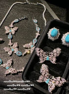 玛格丽特霜花蝴蝶宝石项链 Vintage镀18K金 仙女蝴蝶锆石手链套装