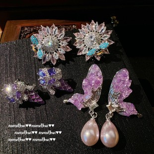 镀18K金 花朵蜜蜂锆石饰品 鱼尾菊 乌拉圭紫水晶蝴蝶水滴珍珠耳环