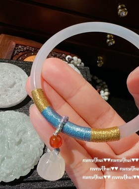 荔枝冻白玉髓手镯 水灵水灵 冰透白玉髓 编织玛瑙莲蓬手镯 叠戴