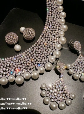 意大利复古花瓣满天星宝石项链 Vintage镀18K金 扇形锆石贝珠耳环