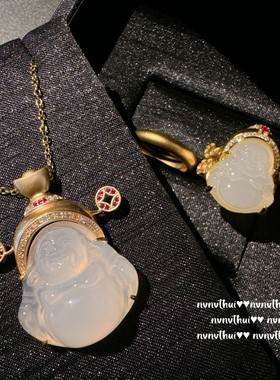 新中式马料白玉髓佛公戒指 水灵 玉髓弥勒佛项链 饰品 套装