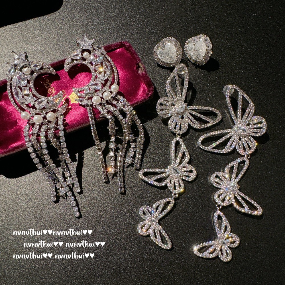 璨若星河月亮宝石珍珠流苏耳环 富婆爱心 蝴蝶锆石流苏耳坠