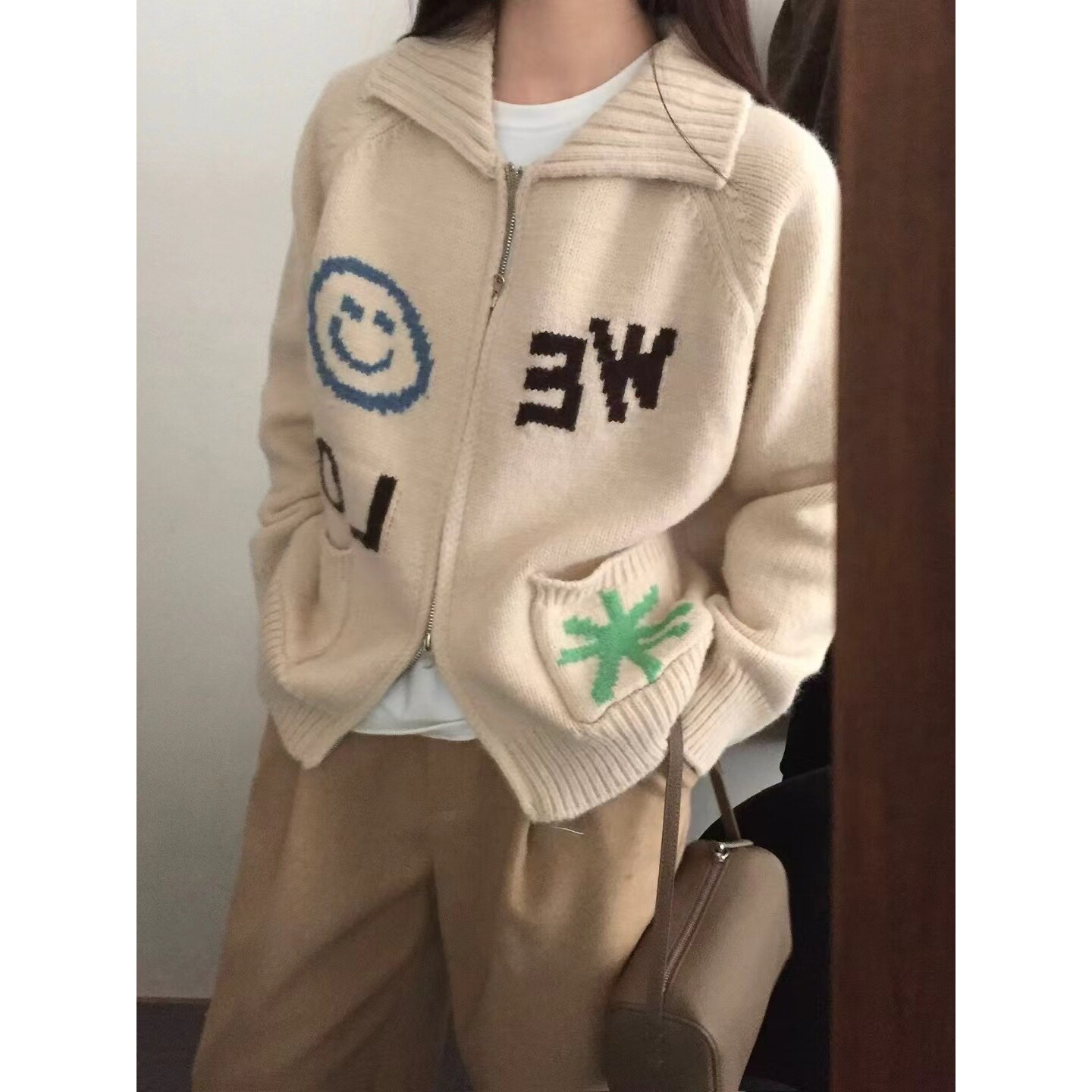 2025秋冬新款韩版宽松慵懒风翻领拉链针织开衫女毛衣外套学院风厚