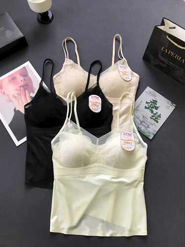 LAP新款缎面蕾丝无痕裸感吊带背心网纱性感V领美背固定一体杯聚拢