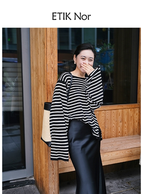 ETIK Nor瑞典宽松慵懒黑白条纹羊毛宽松针织美丽诺羊毛套头衫