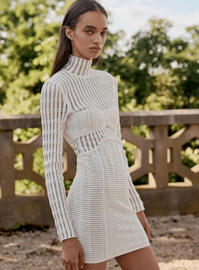 荷芙妮格夏季新款紧身网纱性感包臀裙白色立领长袖绷带迷你连衣裙