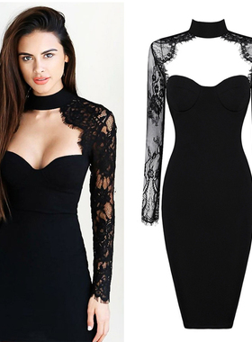 2024春夏新品欧美时尚性感蕾丝镂空挂脖夜店派对绷带礼服连衣裙女