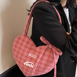 韩代正品emis格子帆布包女大容量百搭小众单肩腋下通勤托特桃心包